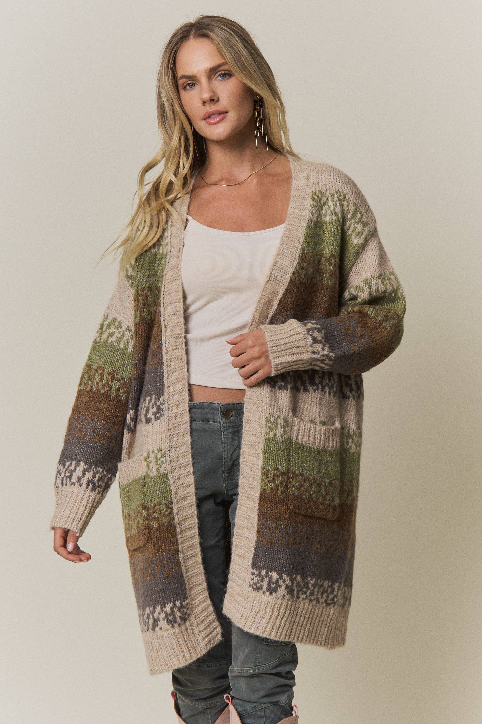 EARTHY MULTI-COLOR FAIR ISLE OPEN CARDIGAN - CESW4399